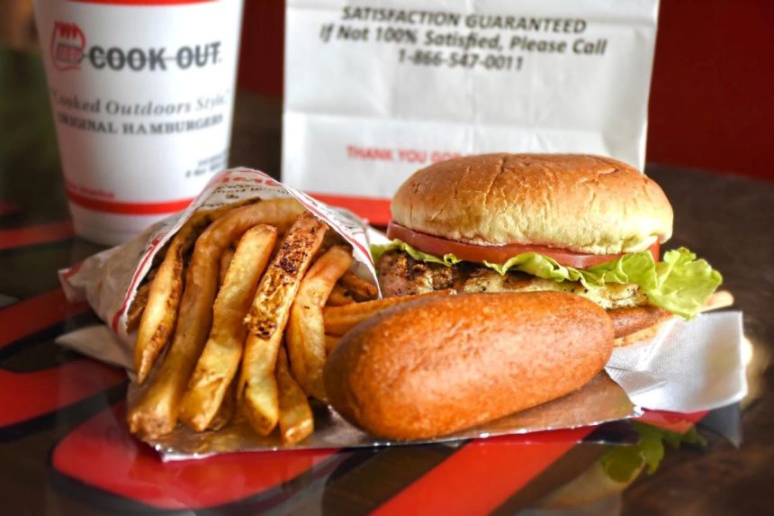 Cook Out - Corn dog, Burger, fries and drink.