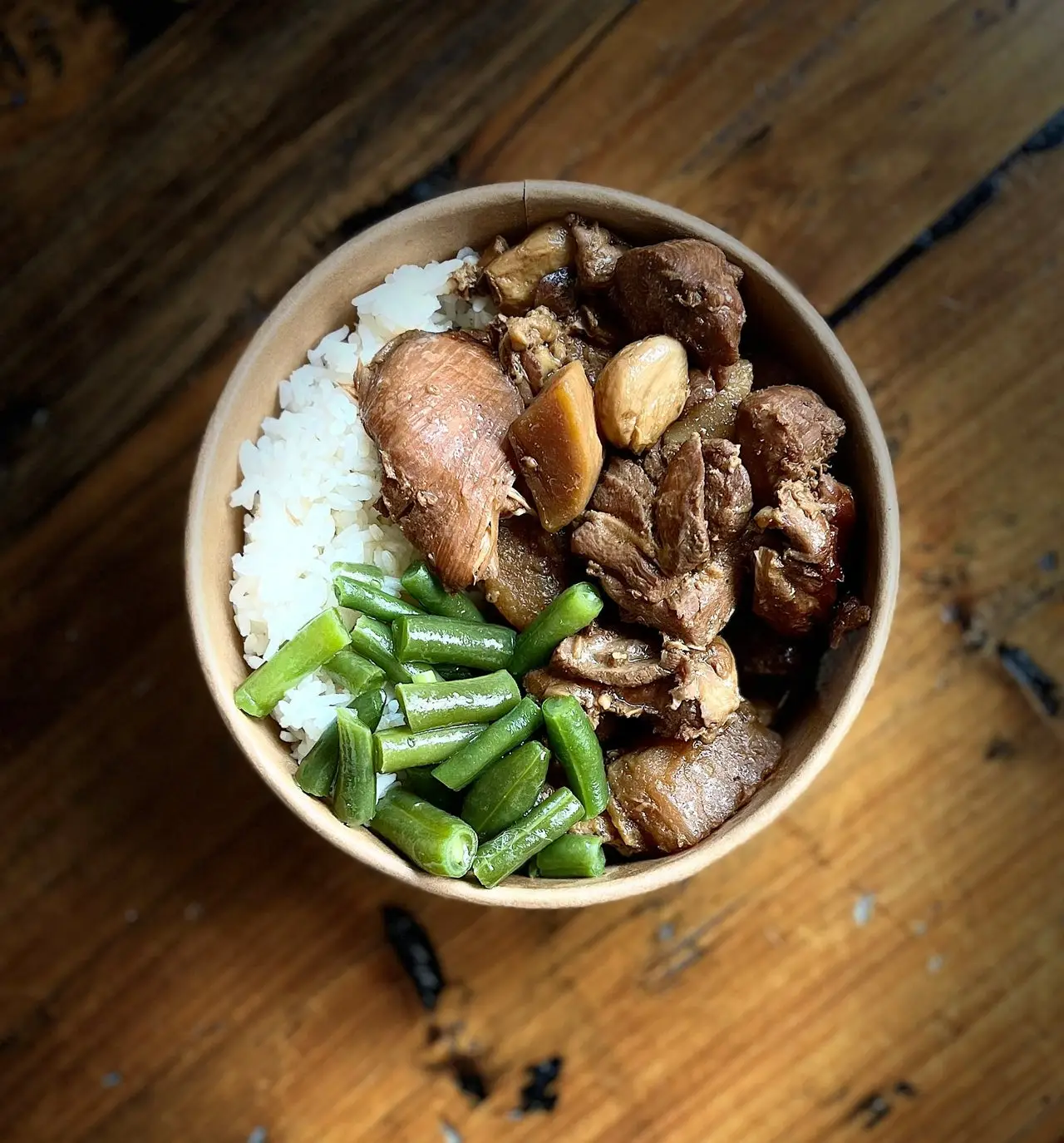 Flavor Boom - Chicken Adobo, rice and green beans. Dairy Free