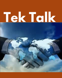 Tek Talk logo and 2 hands shaking with the world map projected on top of the hands.
