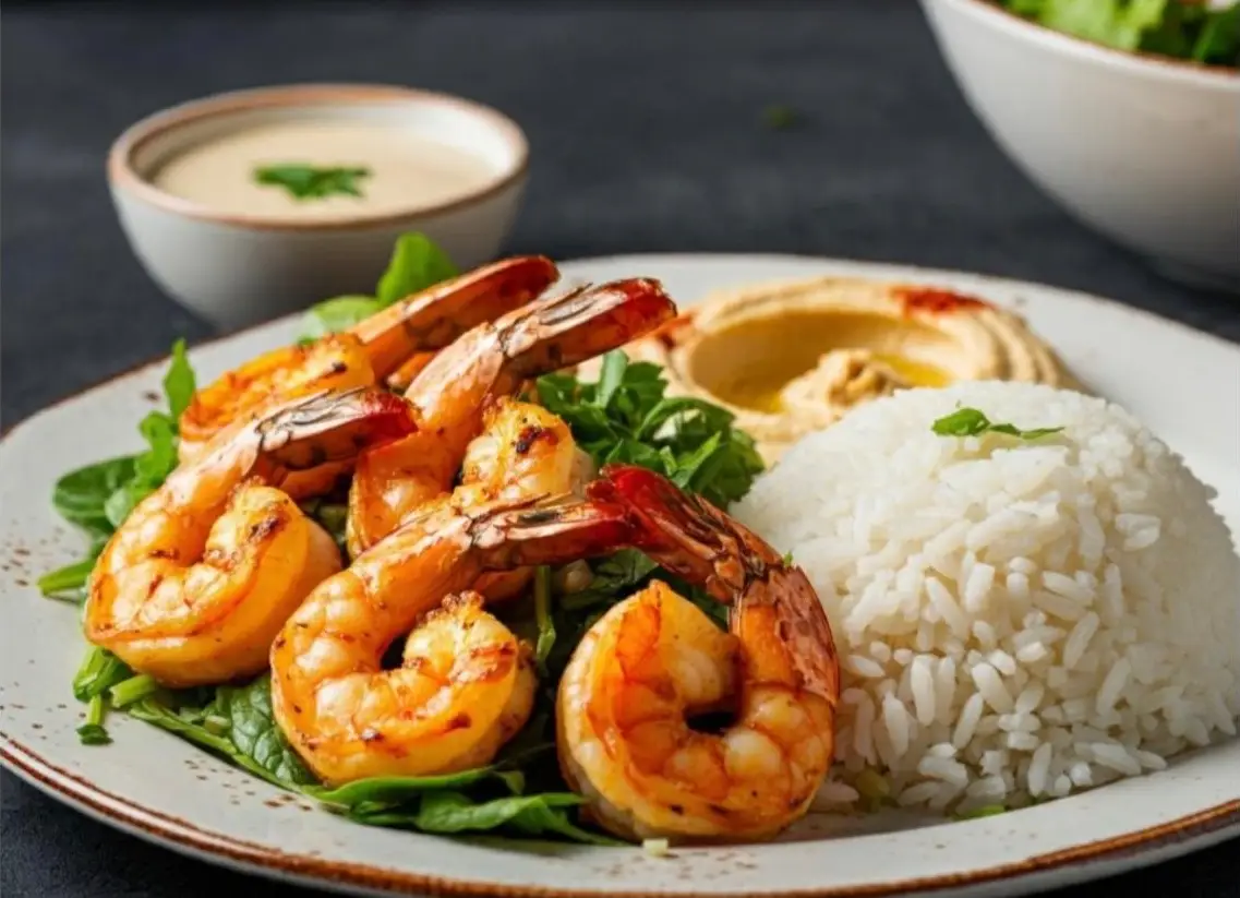 Shrimp with 2 sides, hummus, salad, pita bread, basmati Rice and Tahini Sauce.