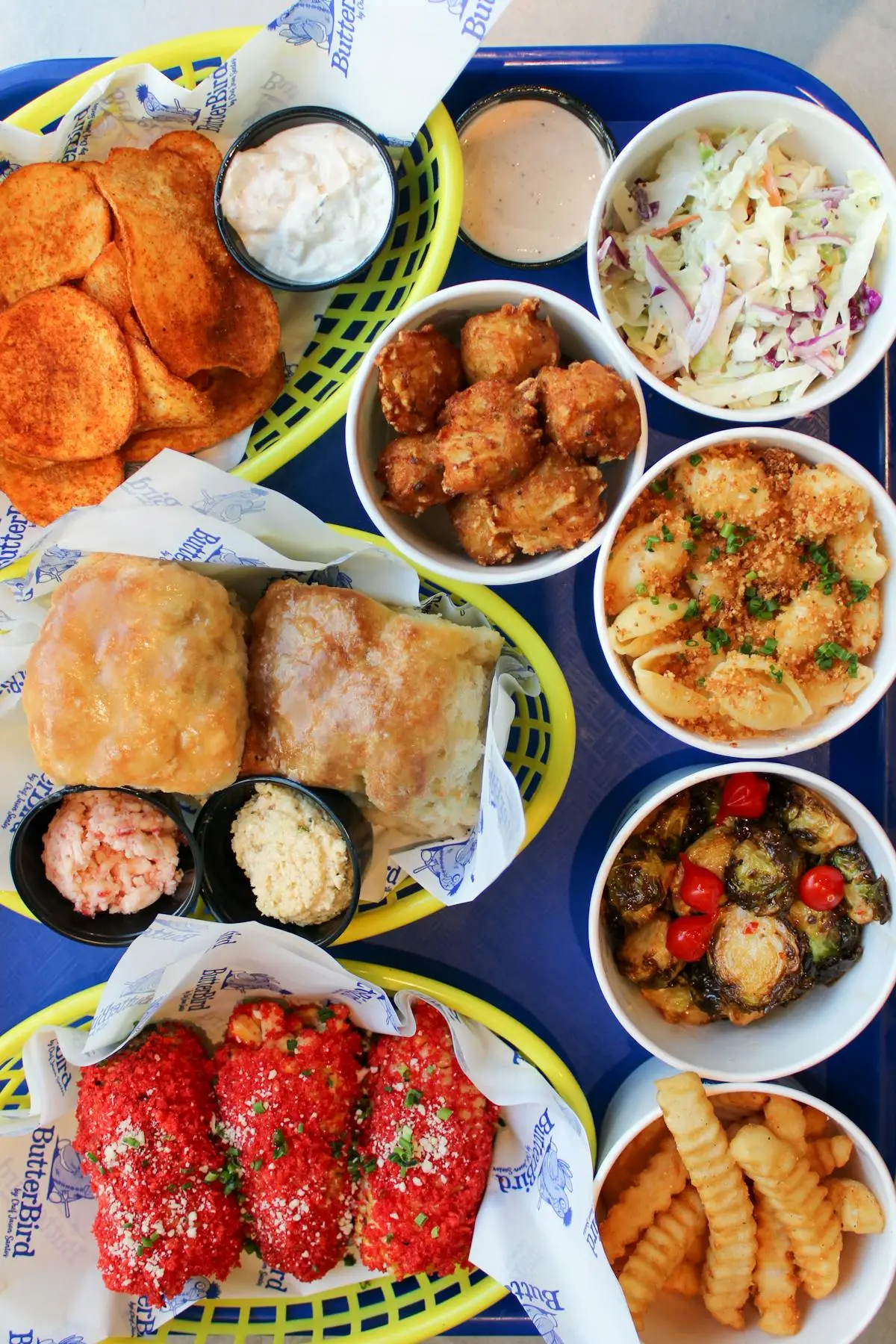 Biscuits, Hot chicken, Mac and cheese, slow and Brussel Sprouts.