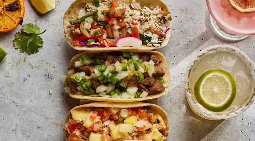 Baja Shrimp Taco, Asadero Pork Taco, and Carne Asada Taco